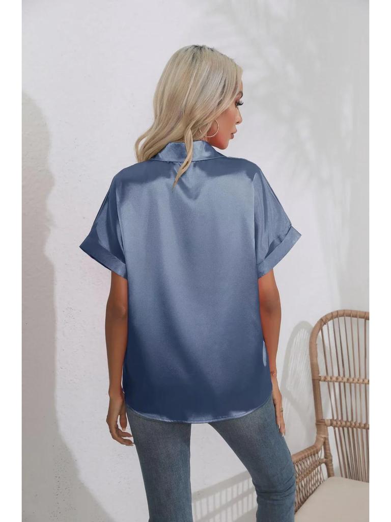 2025 Women's European & American Short-Sleeve Satin Button-Down Shirt - Casual Loose Fit