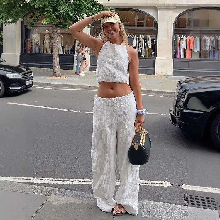 

2026 Summer Workwear Style Women s Outfit: White Pure Cotton Sleeveless Vest Top and Wide-Leg Pants, Fashionable Casual Two-Piece Set S белый