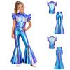 Kinder Mädchen Cowgirl Verkleidung Outfit Rüschenärmel Umlegekragen Quaste Metallisches Oberteil mit Schlitz Schlaghosen Metallische Hosen für Party