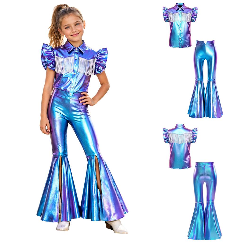 Kinder Mädchen Cowgirl Verkleidung Outfit Rüschenärmel Umlegekragen Quaste Metallisches Oberteil mit Schlitz Schlaghosen Metallische Hosen für Party