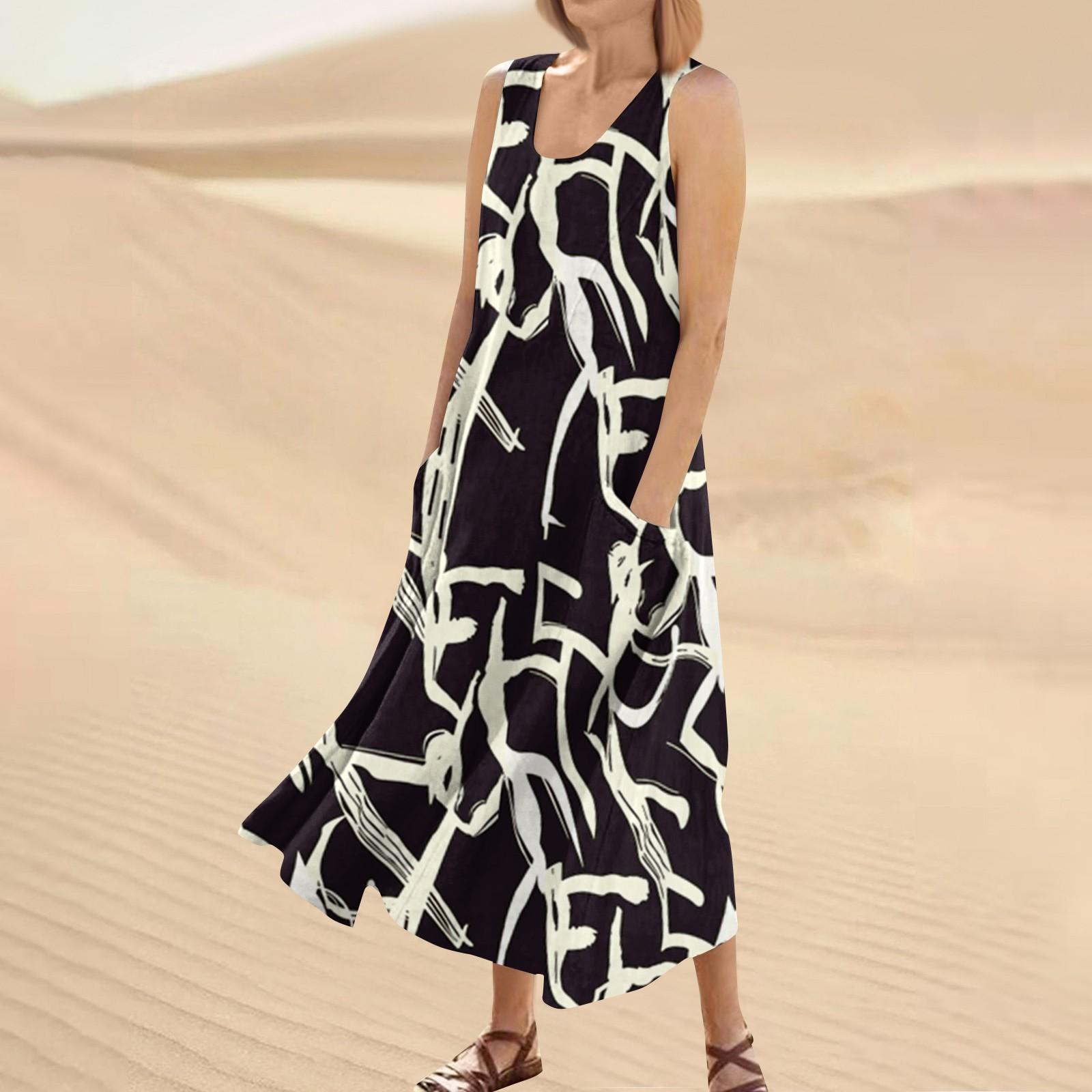 

Женское модное повседневное однотонное хлопковое льняное платье без рукавов с карманами XL чёрный