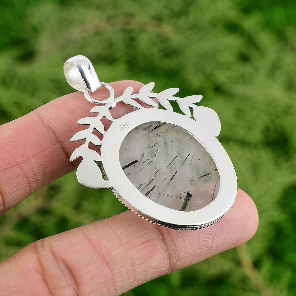 Daughters Day Deal Black Rutilated Quartz Stone Boho Pendant 925 Sterling Silver