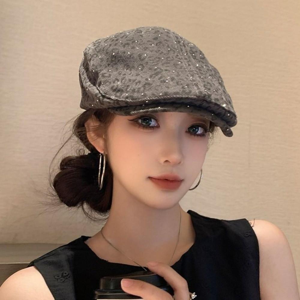 Rhinestone Forward Hat Y2k Leopard Newsboy Cap Cool Painter Cap Outdoor