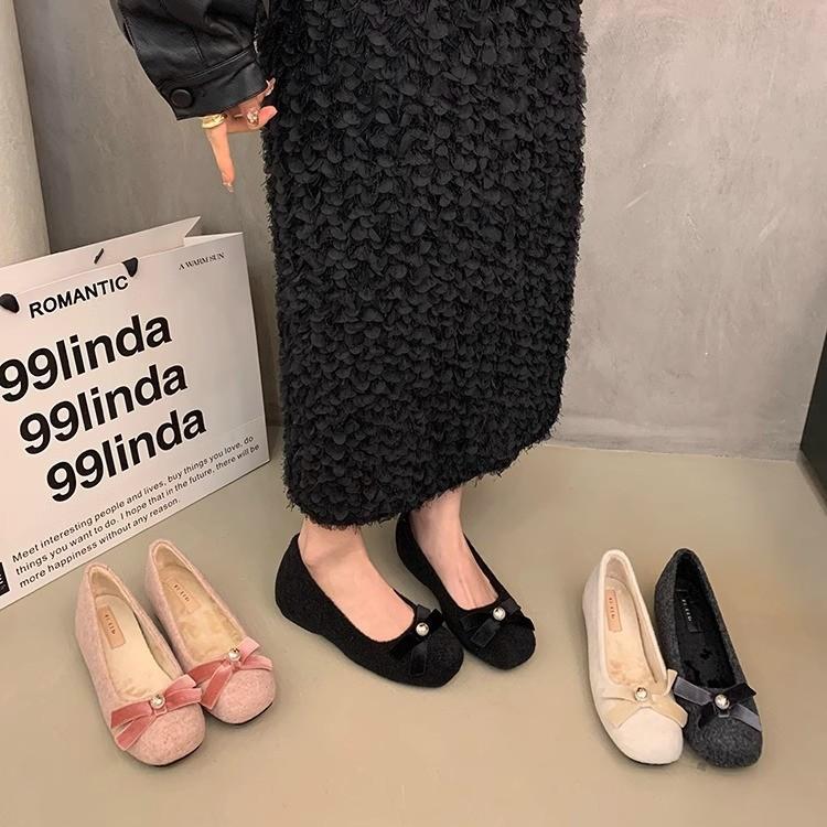 Evening wind shoes French bow inner height increase velvet single shoes fluffy shoes autumn and winter Xiaoxiangfeng women's shoes with skirts