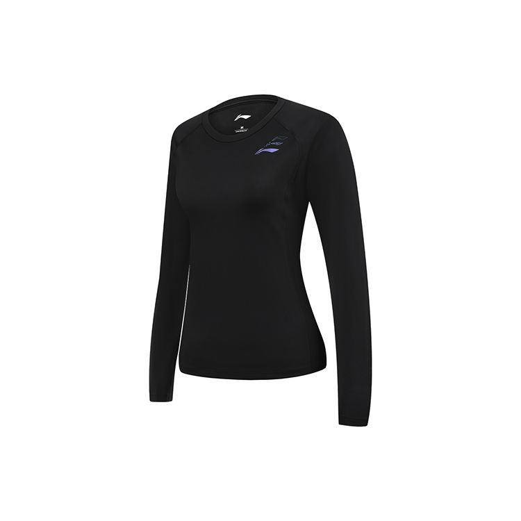 Li Ning Badminton Series Solid Color Logo Print Pullover Round Neck Long Sleeve Tight Fit Sweatshirt Women sweatshirt Black AUDR110-1
