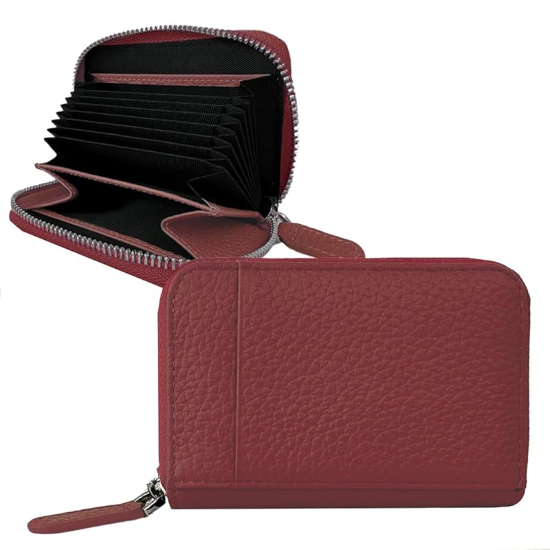 

[Giselle] card case genuine leather large capacity compact wallet bifold small thin mini wallet Bellows pass case coin purse ladies men s (Burgundy)
