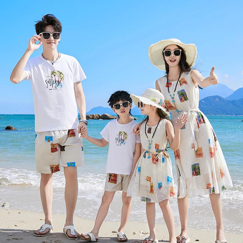 Chiffon Beach Outfits: Stylish Mother-Daughter Dresses for Family of Three or Four