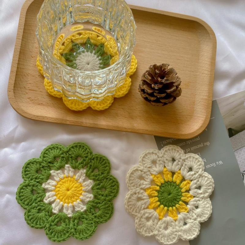 Flower Crochet Coasters Handmade Cute Coasters Knitted Drink Coaster Coffee Cup Mat Home Office Desktop Decoration Creative Gift