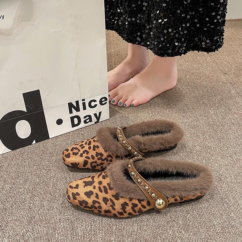 

Пушистые тапочки на толстом каблуке для женщин, вечерняя сумочка в французском стиле, полутапочки, новинка осени и зимы 2025, хлопковые швабры с леопардовым принтом 35 цветной печати леопарда