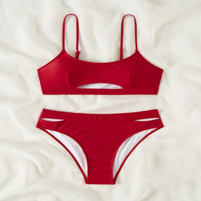 

Hollow Out Bikini Solid Color Women s Sexy Swimsuit Split Set M