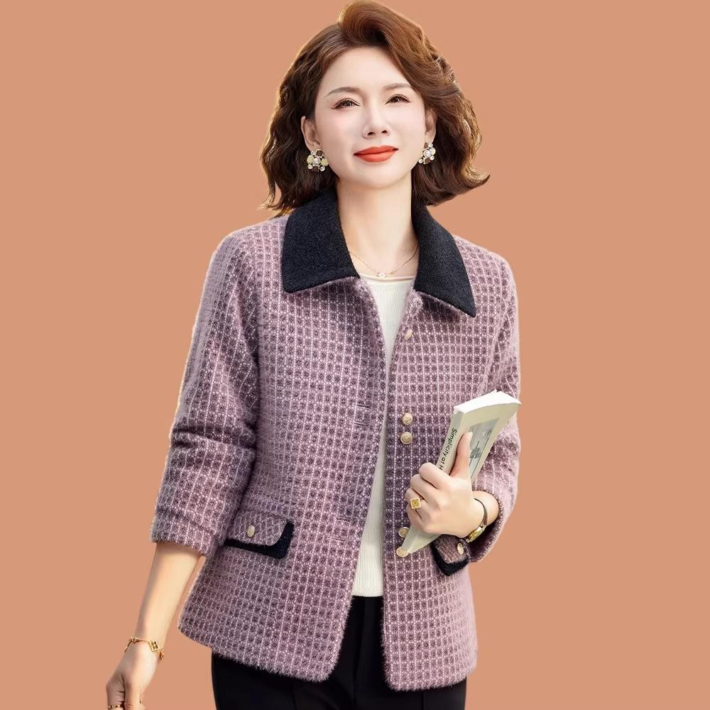Mid-aged Women's Spring Plaid Woolen Coat - Stylish Lapel Top for Middle-aged & Elderly