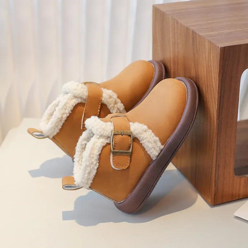 

Зимние детские хлопковые ботинки по щиколотку, классические простые ботинки для девочек, теплые, модные, детские, повседневные, плюшевые ботинки с круглым носком, универсальные 24