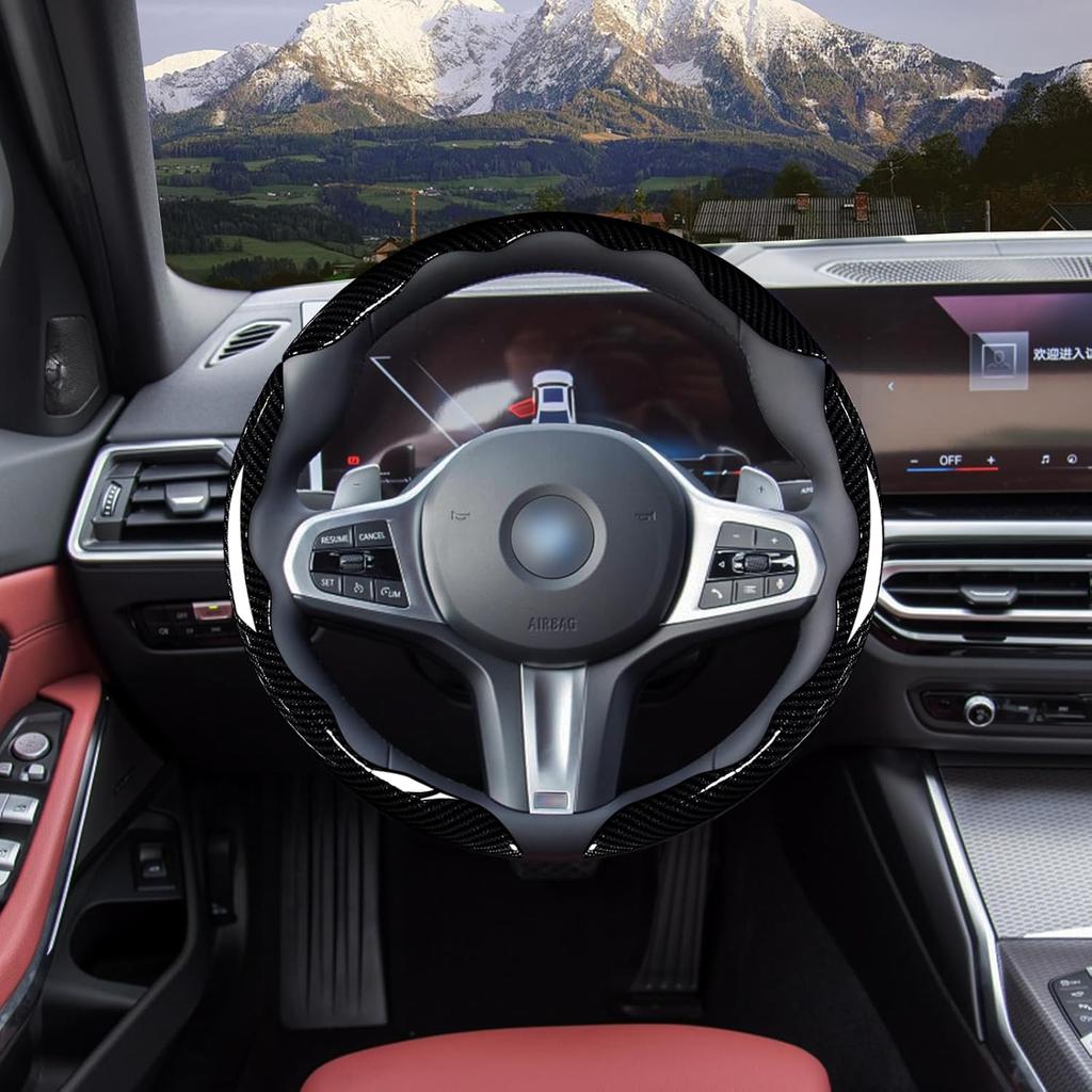 Car Steering Wheel Cover Set Bright Carbon Fiber Wrap Non-Slip 3Pcs Steering Wheel Accessories 14.5-15 Inch Universal (Black)
