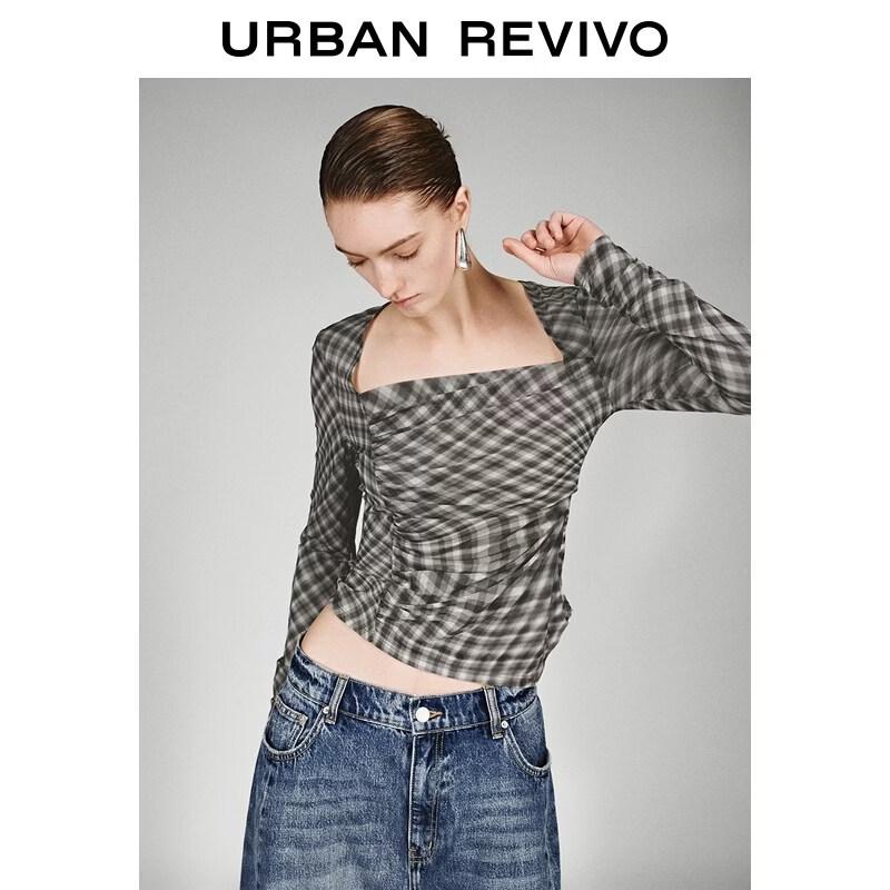 UR2026 Women s Slim-Fit Plaid Square Neck T-Shirt L