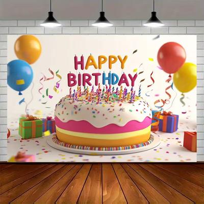 2D Happy Birthday Celebration Backdrop, Cake Confetti & Balloons Photo Banner