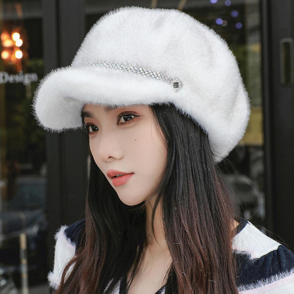 Luxury Faux Mink Fur Beret with Visor for Women, Winter Double Warmth Cotton Lined Hat, Stylish Outdoor Peaked Beret