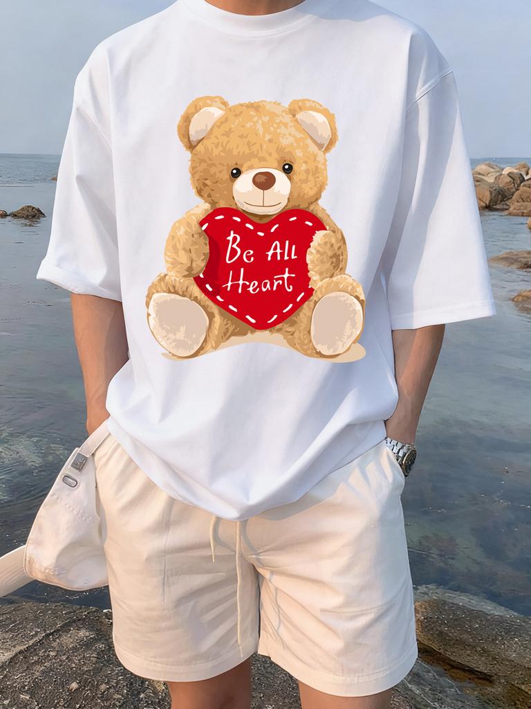 Cartoon Bear Gives You His Heart Prints TShirts Womens Summer Cotton Tops ONeck Soft Loose Short Sleeve Tees Casual Clothes