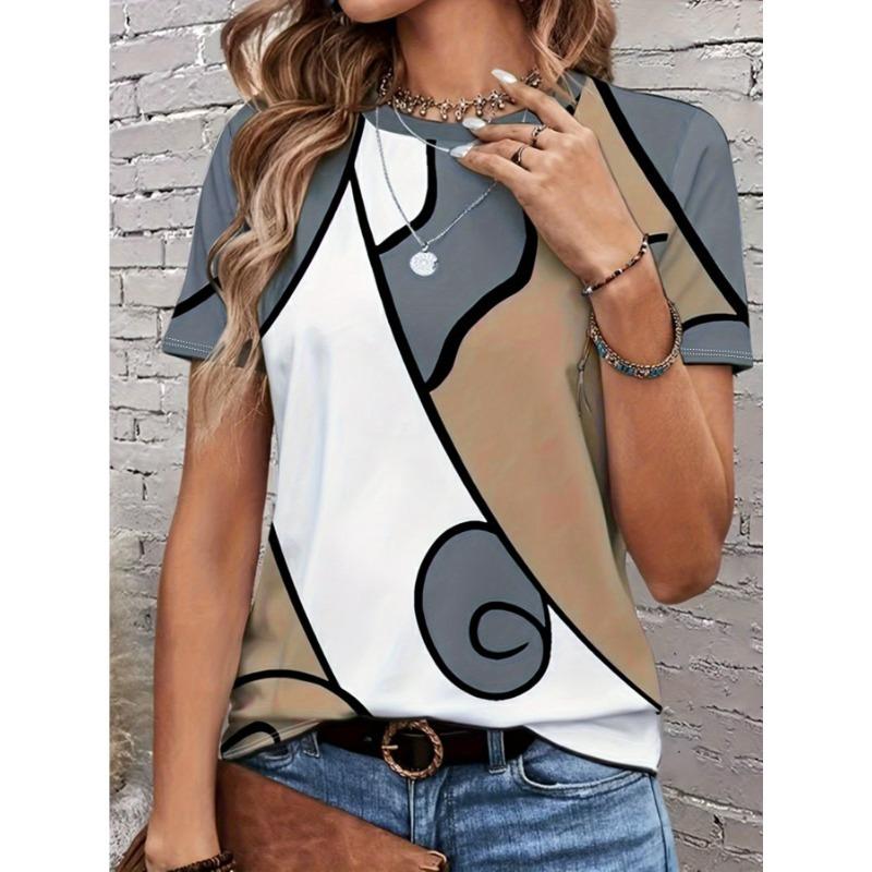 Women s Abstract Geometric Art Print T-Shirt Loose Short-Sleeve Summer Top S