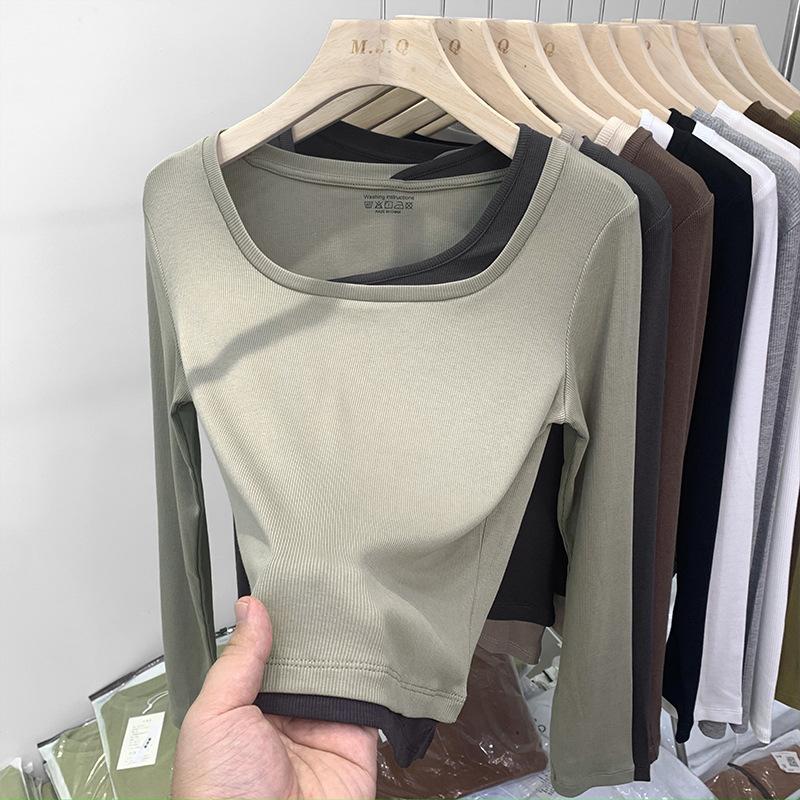 Amerikanisches kontrastierendes Fake-Zweiteiler T-Shirt mit quadratischem Kragen und langen Ärmeln für Damen Frühling und Herbst Neu Slim Fit Innenliegendes Unterhemd Top