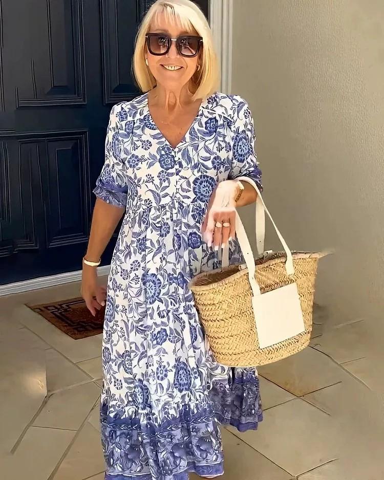 New large size super fairy V-neck floral dress seaside vacation beach dress loose versatile long skirt S