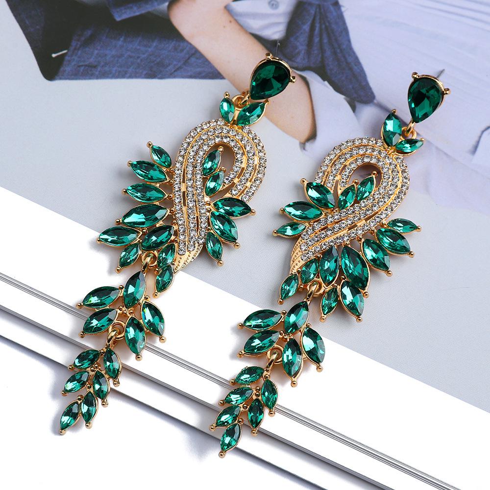 European  American Crystal Leaf Rhinestone Tassel Earrings - Retro Geometric Long Drops for Women 2445 золотисто-зеленый