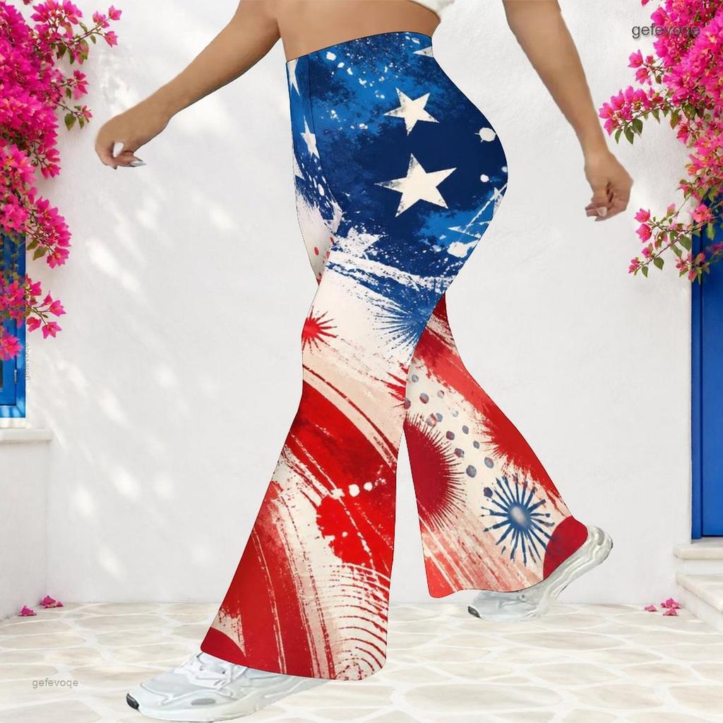 Women Plus Size High Waist Full Length Flared Pants Navy Blue Sparkle Starry Printed