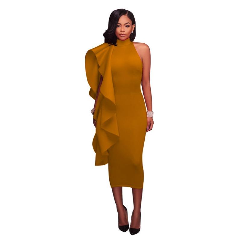 

Spring and summer new women s clothing ruffle leaf edge sexy slim-fitting hip-wrapped dress, hosting evening dress XXL жовтий оранжевий колір