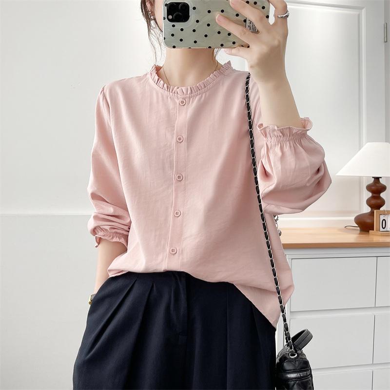 2026 Spring Plus Size Elegant Long Sleeve Shirt with Ruffle Collar