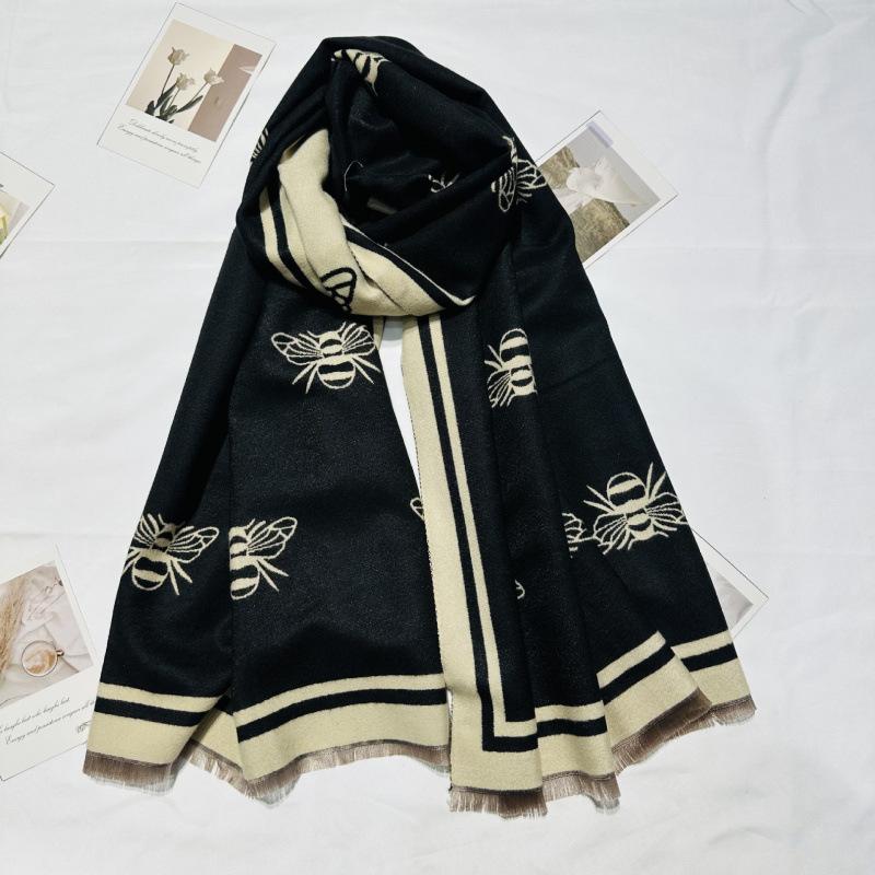 New Simple Bee Pattern Scarf for Women High End Double-sided Pattern Versatile Warm and Thickened Shawl Korean Style Shawl