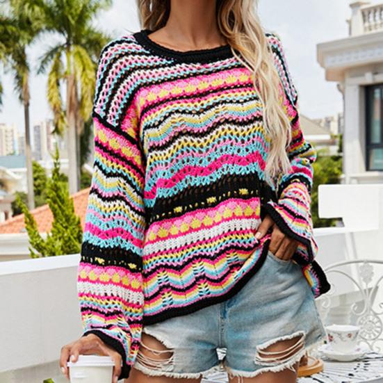 Loose Casual Women Sweater Round Neck Long Sleeve Contrasting Color Stripe Knitted