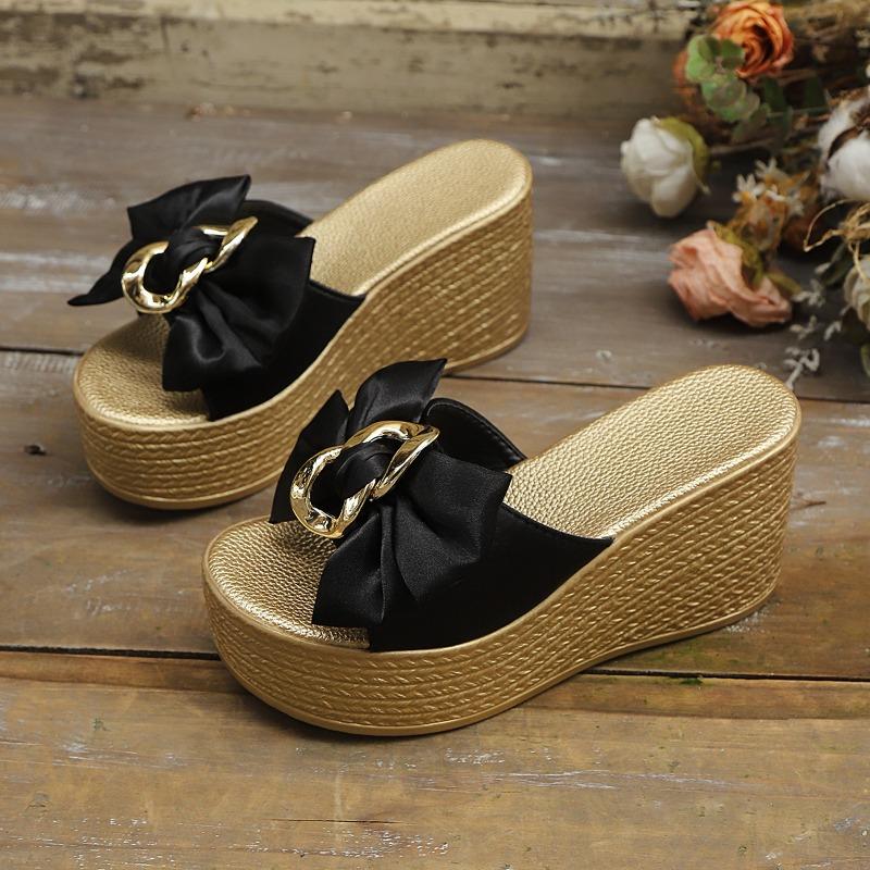 

Fashion Slip Sandals Slippers New Bow Outside Wear Summer 2025 Platform Heightened High Heel Cool Mopping 43 чёрный