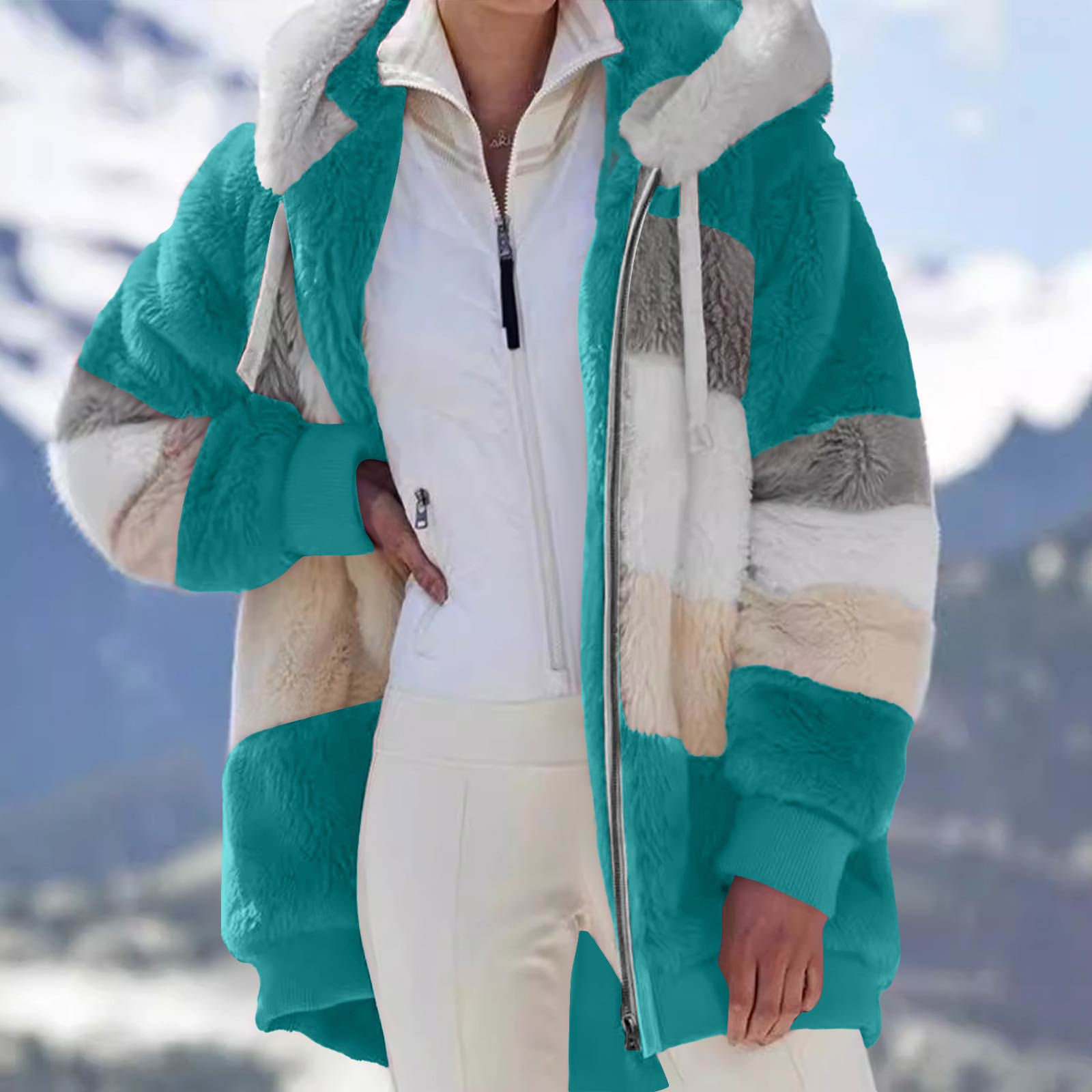 

Женская модная теплая флисовая однотонная толстовка с капюшоном, пэчворк, карман на молнии, повседневная куртка M зелёный