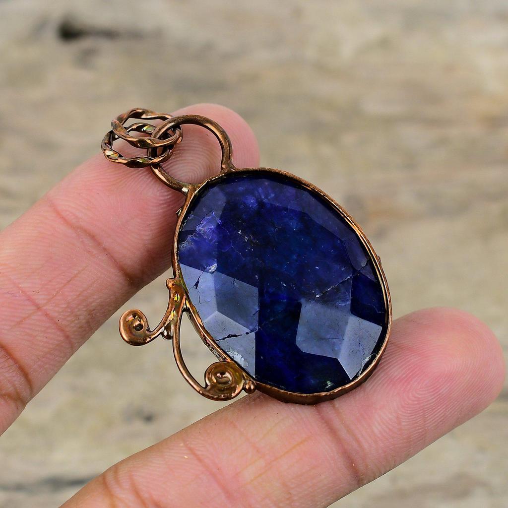 Faceted Blue Sapphire Pendant Electroformed Copper Pendant Very Pretty Gemstone Pendant Electroformed Jewelry Wedding Gift Handmade Pendant