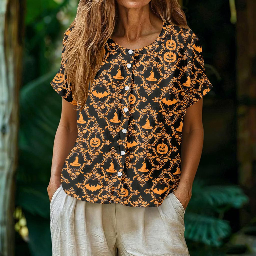 Women's Casual Henley Neck Button Front Shirt Halloween Pumpkin Print Short Sleeve Blouse Lightweight Loose Fit Top