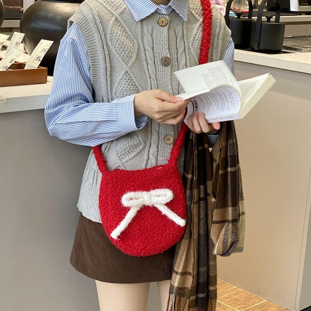Single Shoulder Red Crossbody Bag Bow Decoration New Year Red Tote Plush Bucket Bag New Year