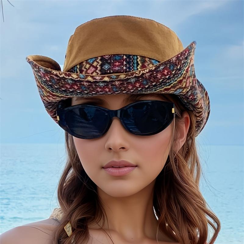 2-Way Adjustable Women's Bohemian Embroidered Sun Hat - Wide Brim Windproof Fisherman Hat with Vibrant Geometric Patterns, All-Season Outdoor Travel
