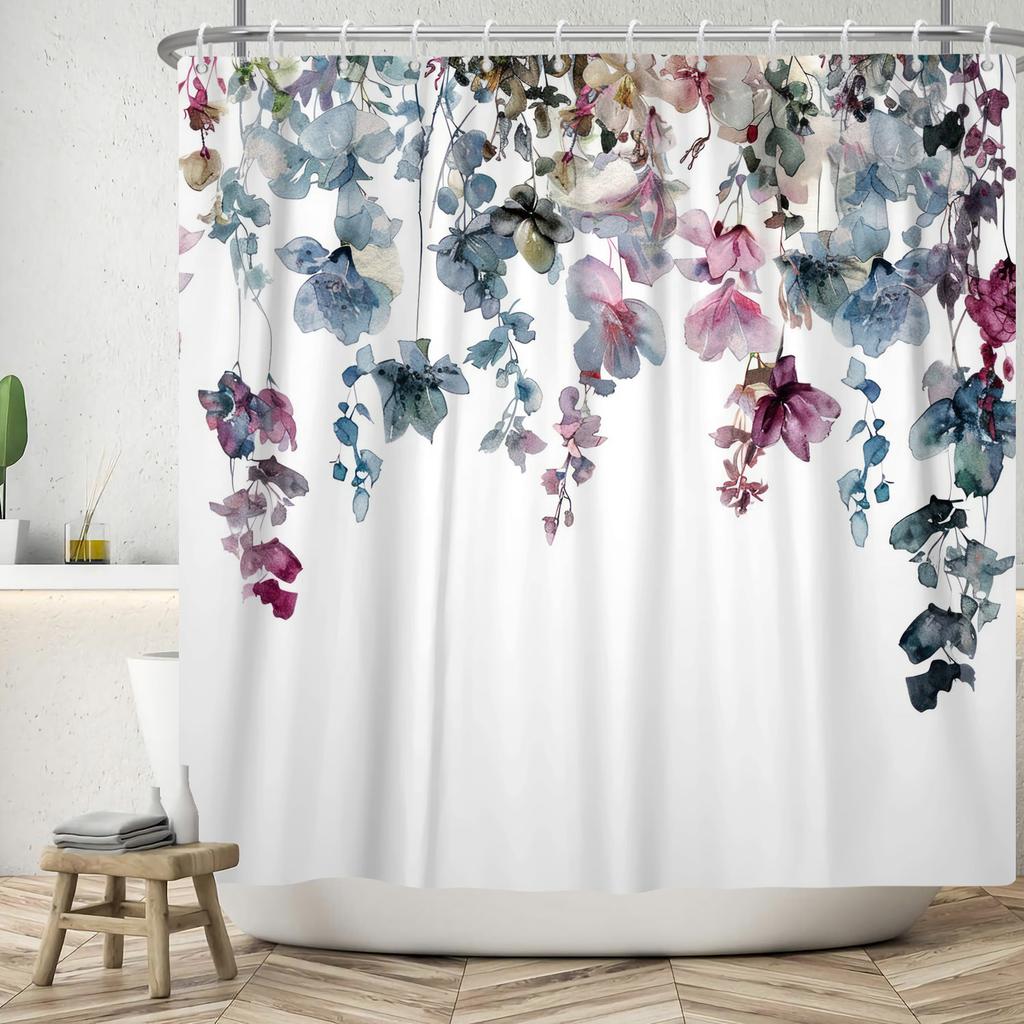 Top Fresh Watercolor Plants And Flowers Leaf Pattern Bathroom Shower Curtain Home Decoration Waterproof Tape Hooks