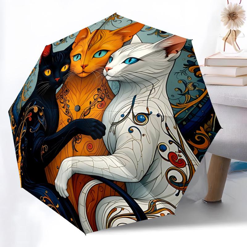 1pc Floral Cats Auto Folding Umbrella, Sturdy And Durable Automatic Folding Umbrella with 8 Ribs, Convenient for Outdoor Use092