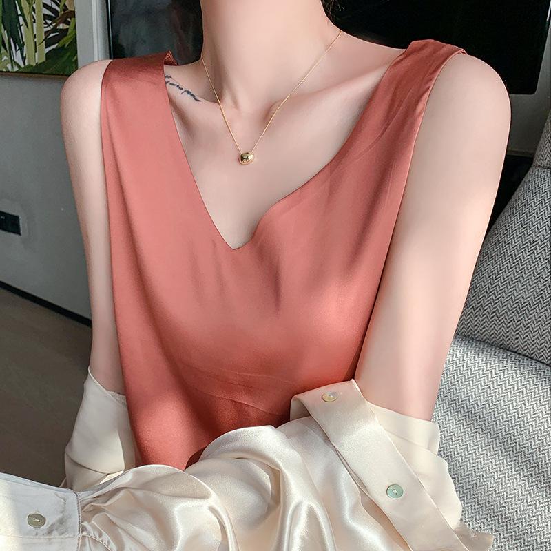 Women's Silk Satin V-neck Acetate Camisole: Ideal Inner Base Layer for Suits, Spring/Summer, Black & White