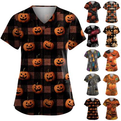Women's Fashion V-Neck Short Sleeve Overalls With Pockets Halloween Printed Tops  Apparel