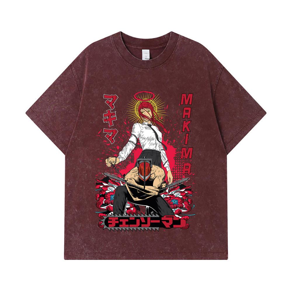 275 GSM Washed T-shirts 100% Cotton Chainsaw Man V23 Denji Makima Print Unisex Heavy Cotton T Shirt