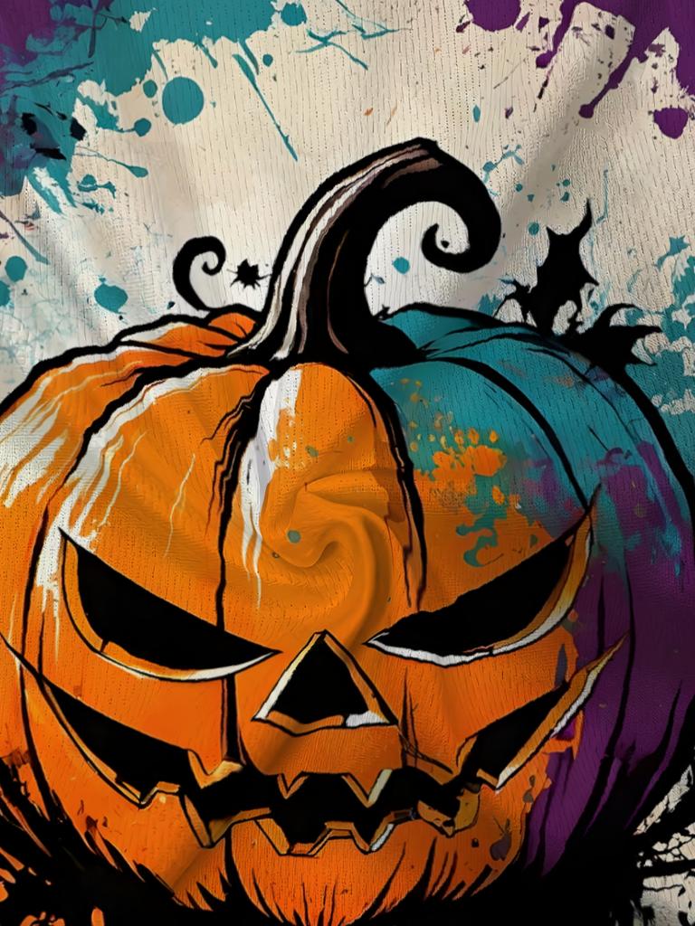 Men'S Halloween Themed Pumpkin Grimace Printed Short Sleeve T-Shirt Apricot Crew Neck Casual Top Personalized Street Trend Splash Ink Style Daily