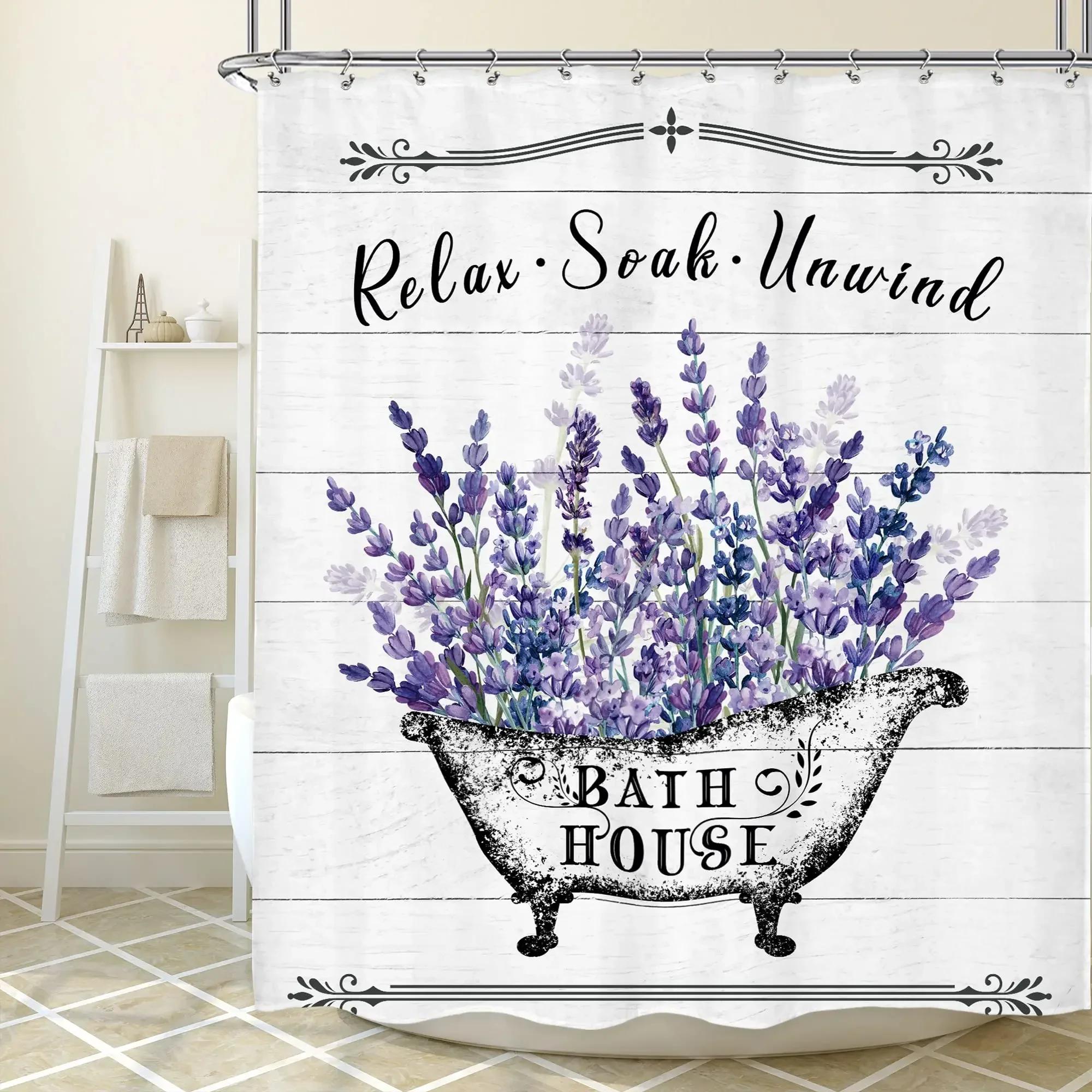Vintage Floral Bathroom Shower Curtain Leaf Lavender Bathroom Potting Waterproof Polyester Bathroom Decoration Curtain Shower W60H190(CM)-1 Pcs