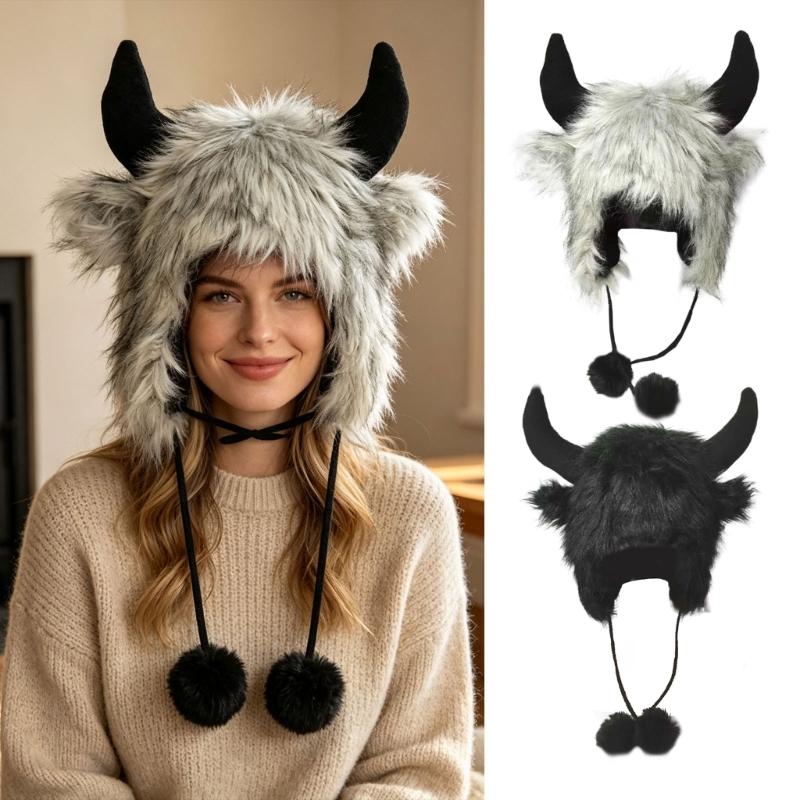 Cappello Invernale Peluche Corna di Toro, Morbido Cappello da Trapper con Copertura per le Orecchie e Laccetti per il Mentone per Uso Esterno, Foto e Viaggi