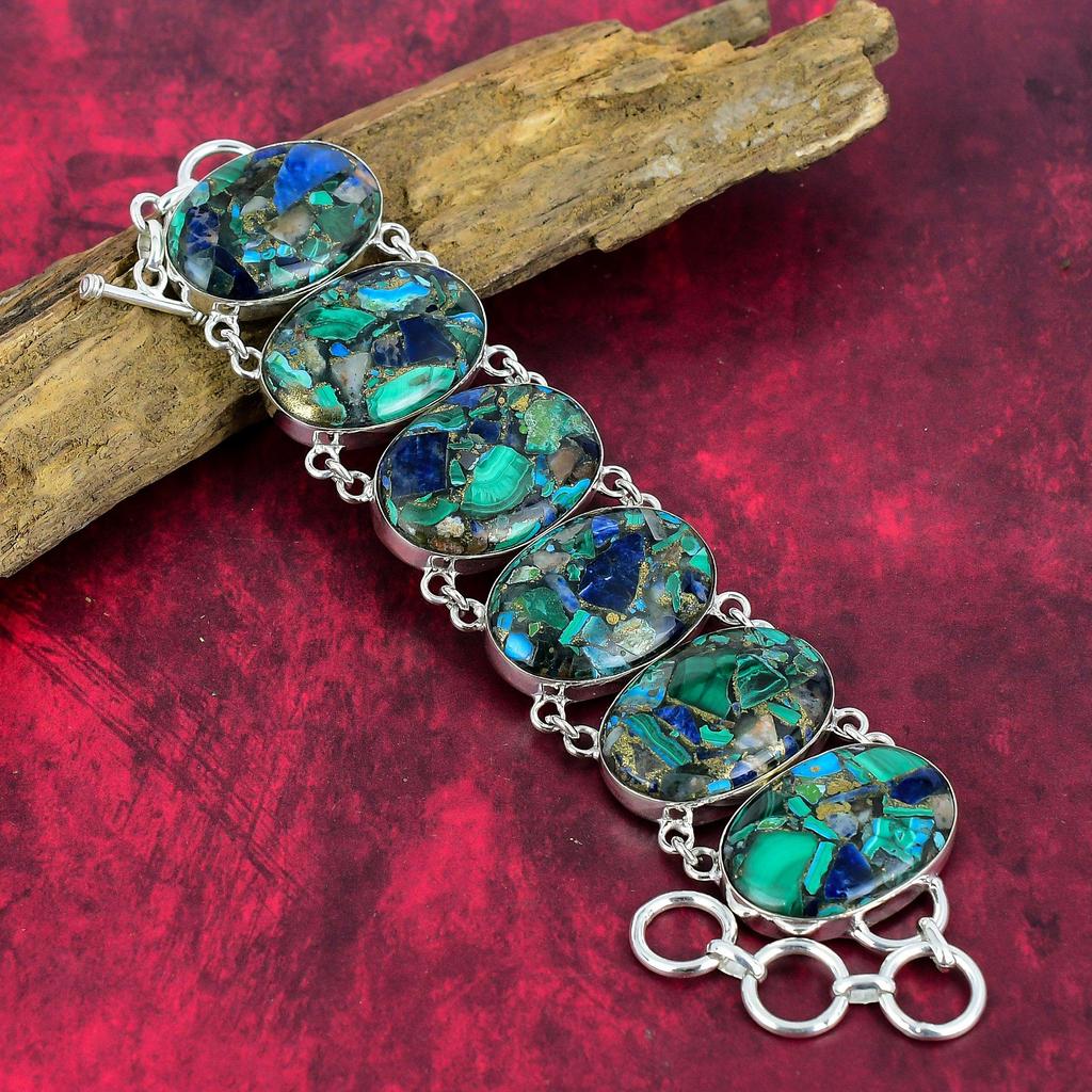 Kobber Malakitt Azuritt Armbånd, Azuritt Smykker 925 Massivt Sterlingsølv Naturlig Armbånd, Håndlagde Designer Edelstenssmykker, Gave Til Henne