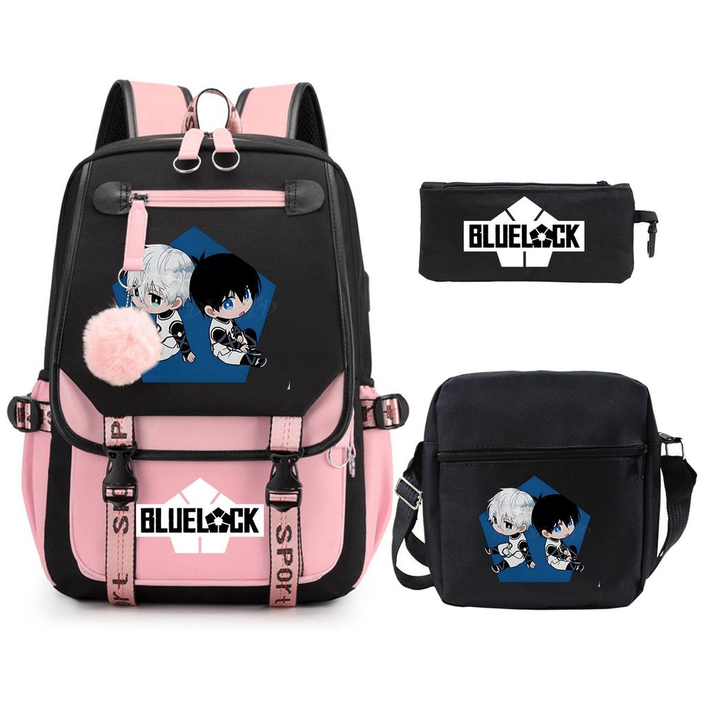 Blue Prison Student School Bag Large Capacity Children'S Shoulder Bag Casual Pencil Bag Set