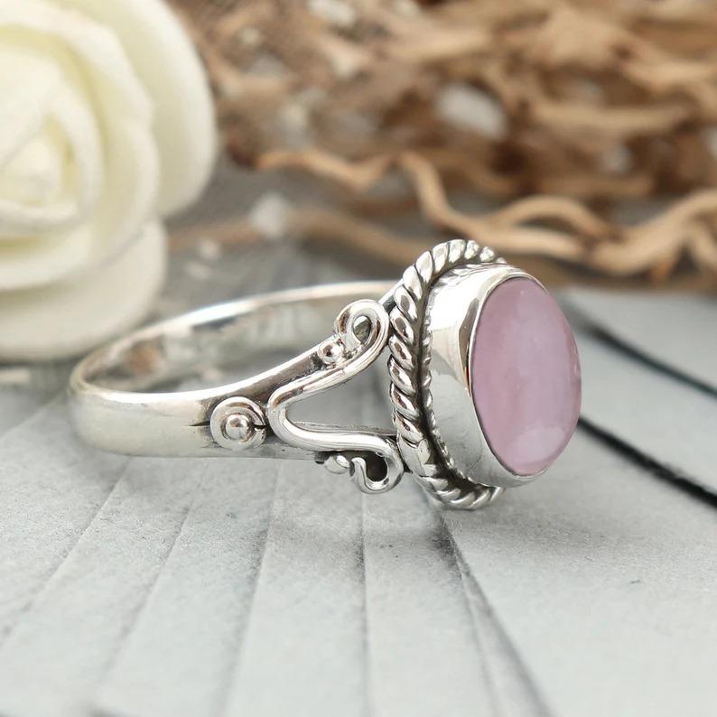 Bague en pierre précieuse ovale en quartz rose, bague en argent sterling 925, bague pour femmes, bague en pierre de naissance, bijoux de charme en argent
