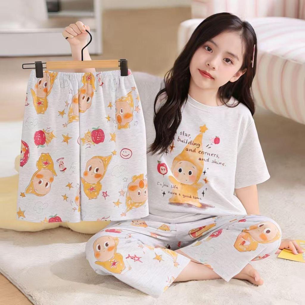 Summer Three-Piece Cartoon Pajama Set for Girls - Short Sleeve & Long Pants, Comfortable Home Wear for Kids