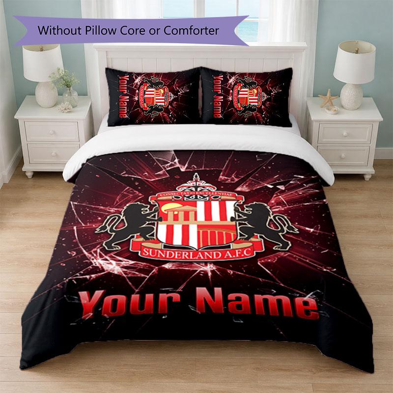 Set Biancheria da Letto Personalizzato Sunderland FC con Nome Testo 1 Copripiumino+2 Federe Logo Calcio Regalo Personalizzato per Occasione Speciale Decorazione Camera da Letto
