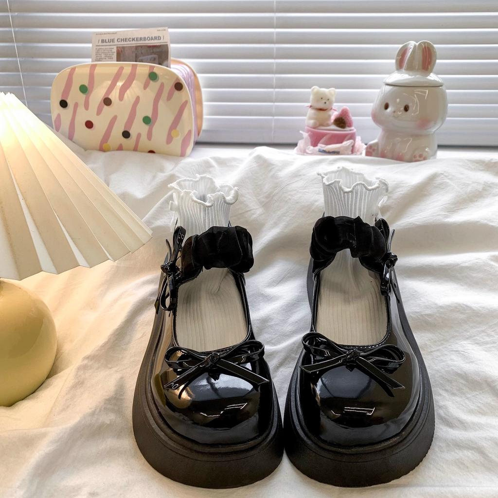 Thick-soled shallow-mouth single shoes women's 2025 new fashion bow small leather shoes heightening French with skirt Mary Jane shoes